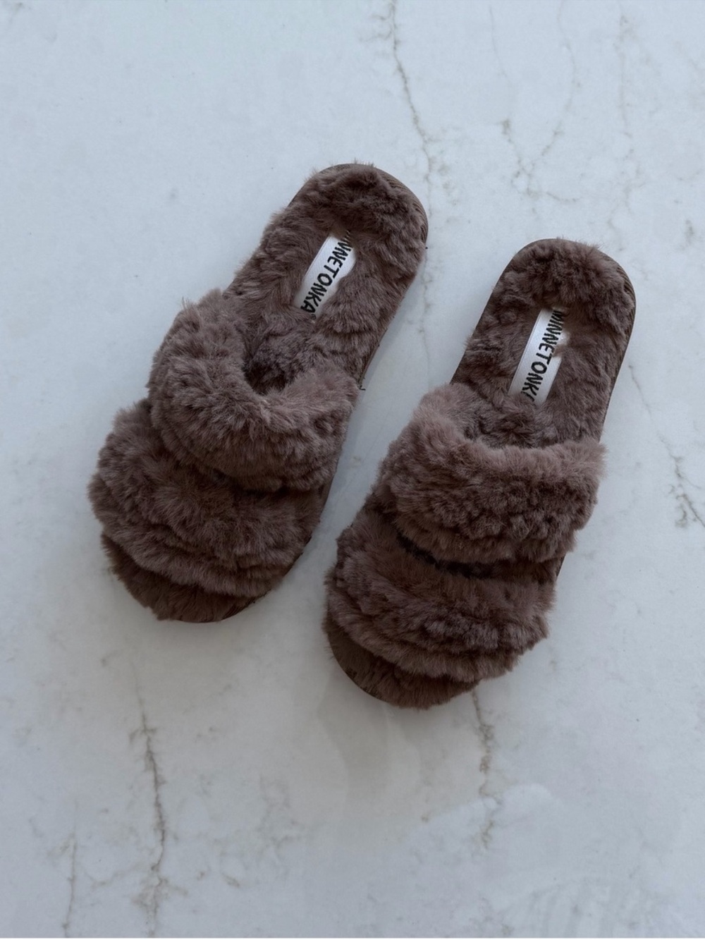 Minnetonka Plush Layered Faux-Fur Slide Slippers - Taupe Brown